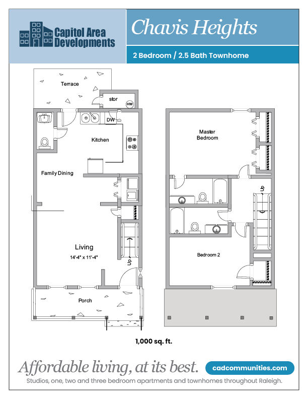 Floor plan for 2 beds, 3 baths, 1000 sqft